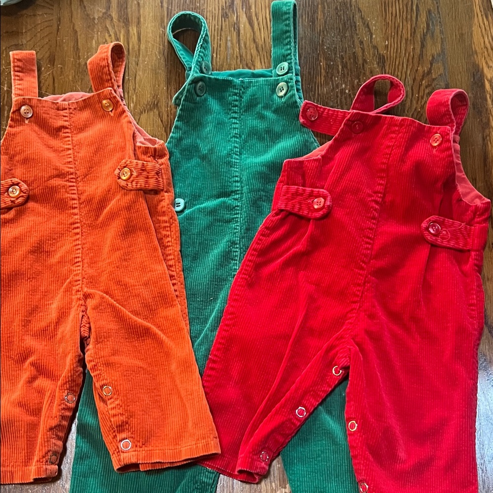 90s Vintage Baby Corduroy Overalls Set - Red, Green, and Orange